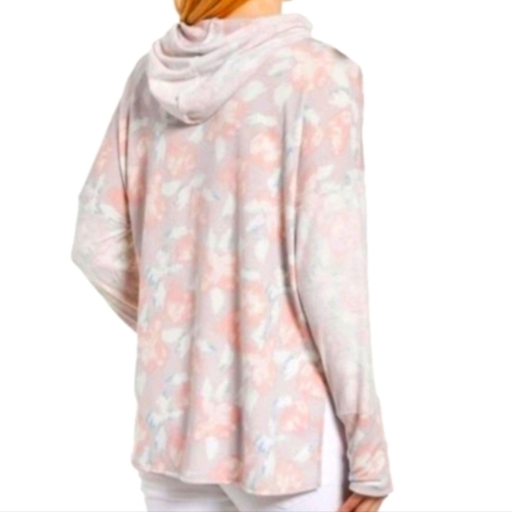 Caslon Soft Fleece Hoodie Sweatshirt High Low Gray & Pink Medium - Picture 3 of 8